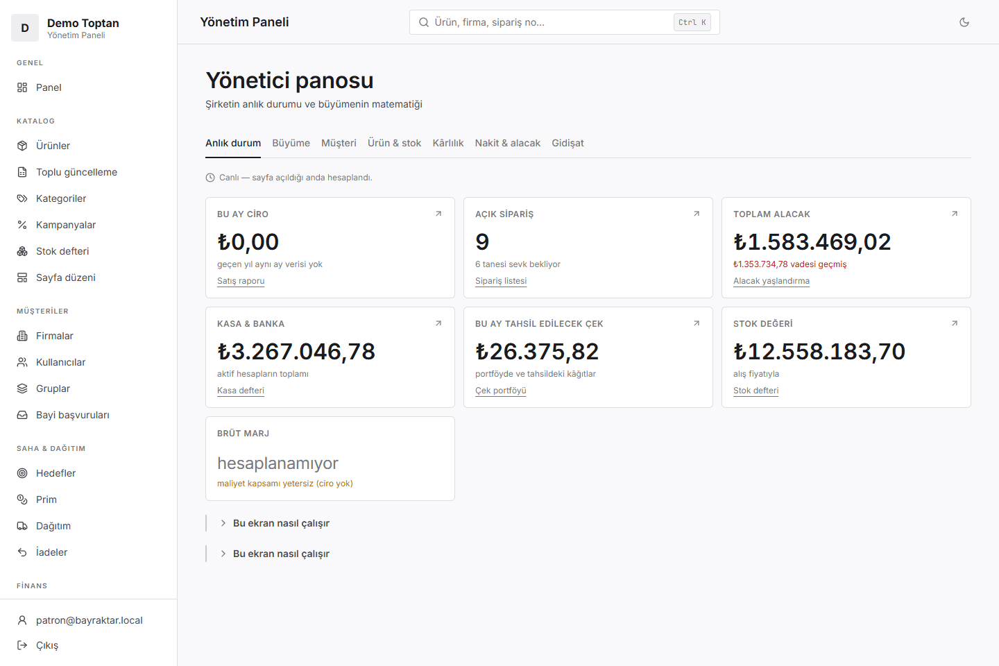 B2B sipariş sistemi yönetici panosunun demo ekranı